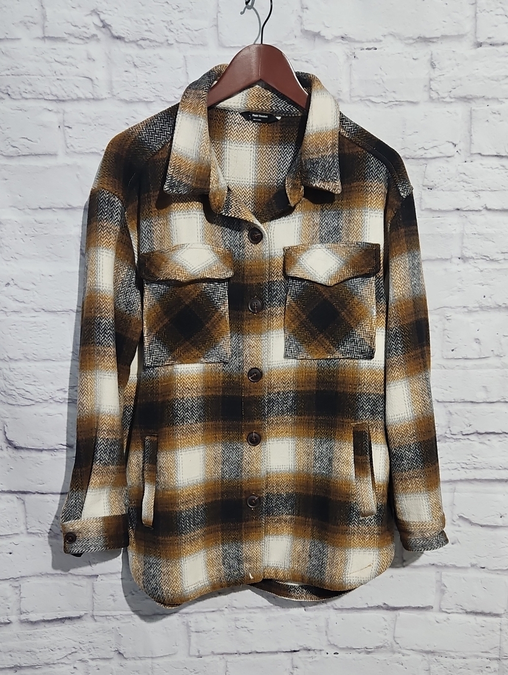 Women's Plaid Button-Front Shacket in Brown and Cream
